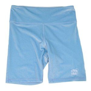 Livin Cool Womens Logo Biker Shorts Size Medium Blue White Velour Stretch Waist